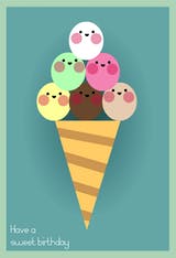 Sweet Birthday, a cute and colourful happy birthday card for kids with smiling ice cream balls on top of each other